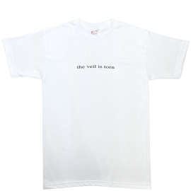 2 a white shirt made in America with the Christian gospel message "the veil is torn" written on it